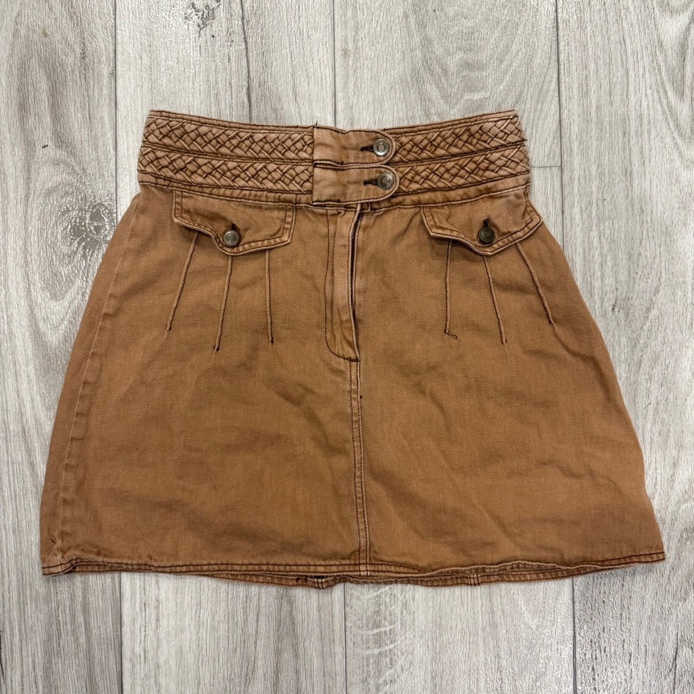 Free People Tan Pleated A-Line Mini Skirt